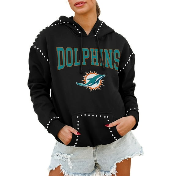 Women's Gameday Couture Black Miami Dolphins Oversized Catch the Vibe Studded Pullover Hoodie