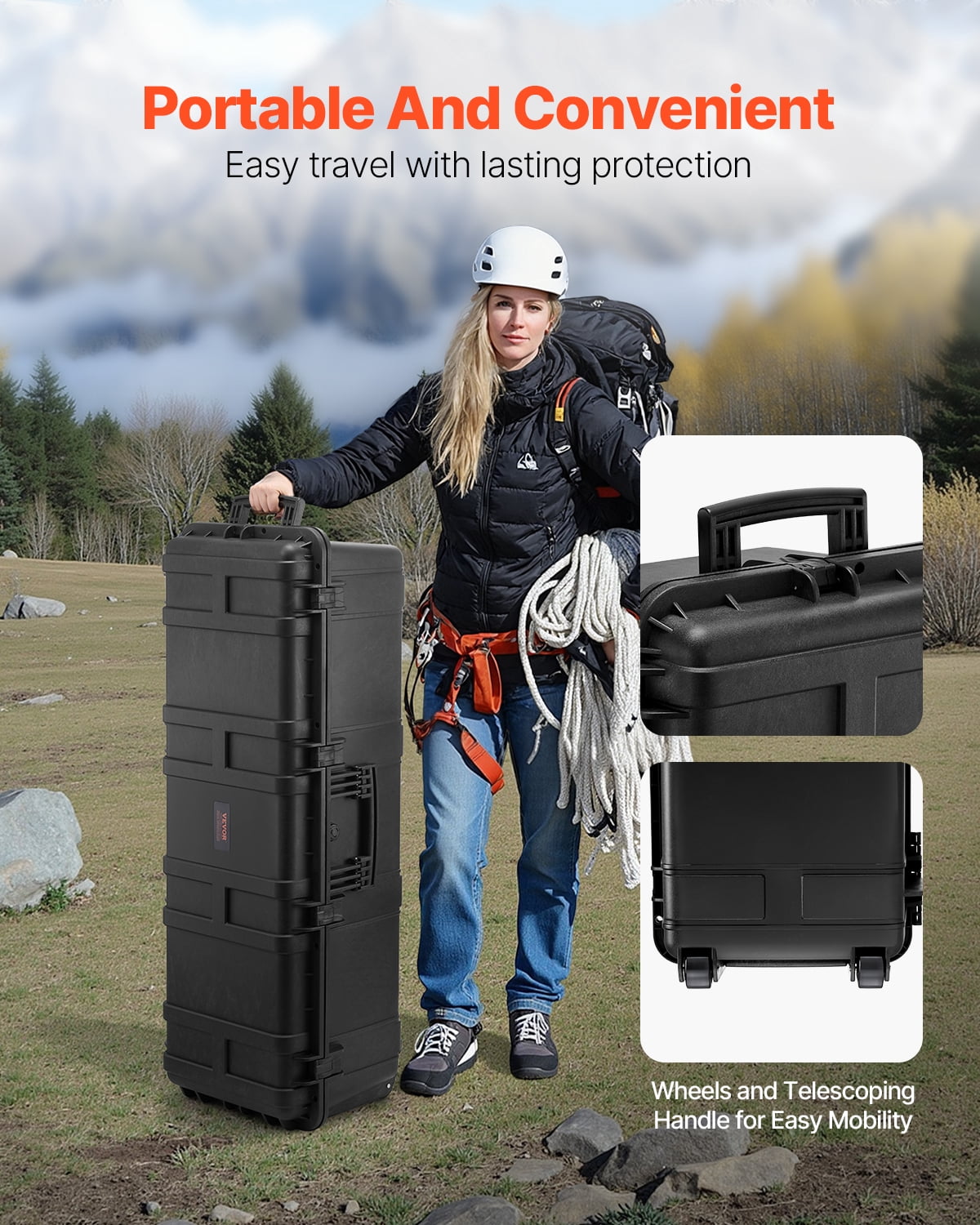 VEVOR Weatherproof Hard Case, Heavy Duty Protective Dry Box Case with Pre-Cut Foam & Retractable Pull Handles for Travel, Hunt, Military, Tactical, IP67 Waterproof Case for Cameras(112x41x34)