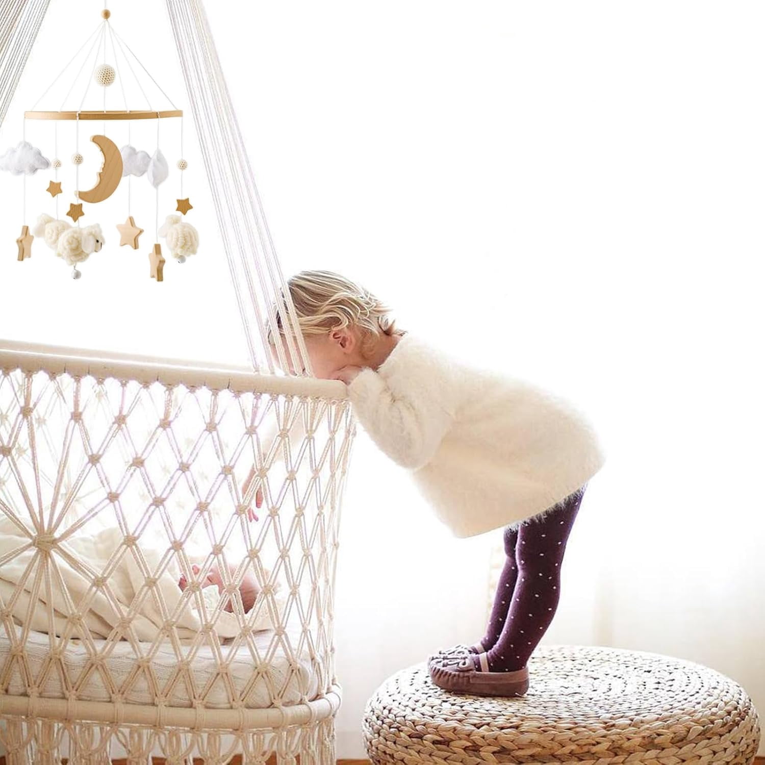 Wooden Baby Crib Mobile – Montessori-Inspired Nursery Decor with Soft Neutral Tones, Handcrafted Hanging Toy for Newborns 0-6 Months, Calming Visual & Sound Stimulation Gift​