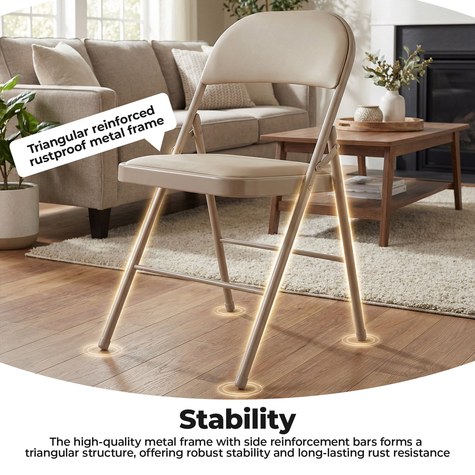 Alvantor Folding Chairs 2-Pack/4-Pack, Padded PU Leather Seat, Heavy Duty,Black/Khaki