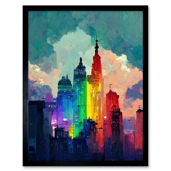 Rainbow Skyscrapers Skyline Cityscape Abstract Multicoloured Painting Art Print Framed Poster Wall Decor 12x16 inch
