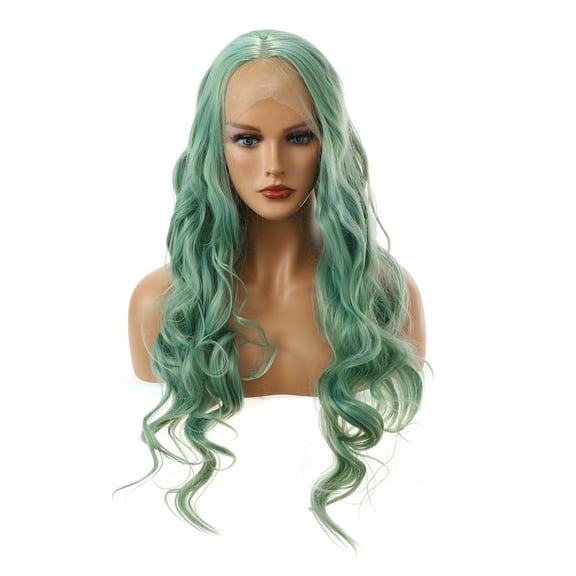 Unique Bargains Lace Front Wigs for Women 24" Light Green Long Body Wave  with Wig Cap