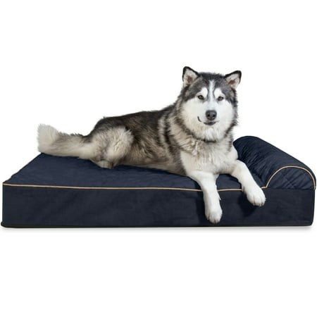 UPC: 0842229112146 | FurHaven | Orthopedic Goliath Quilted Faux Fur & Velvet Chaise Lounge Pet Bed for Dogs & Cats Dark Blue 3XL