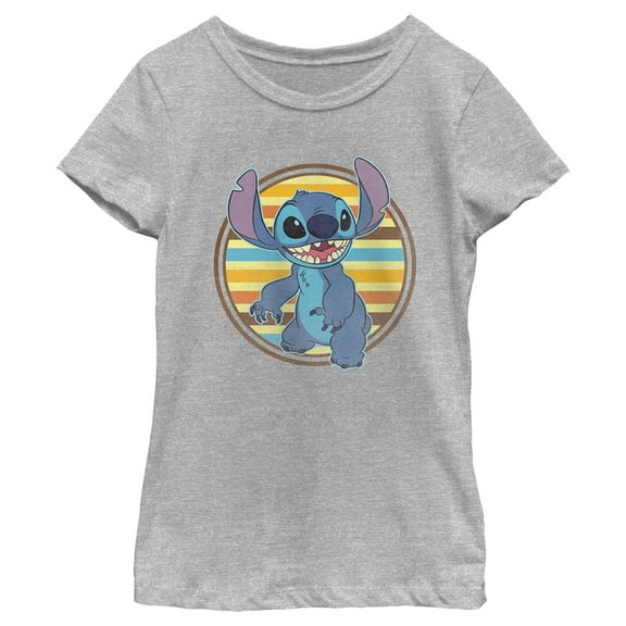 Girl's Lilo & Stitch Retro Striped Circle Stitch Graphic Tee Athletic Heather Large
