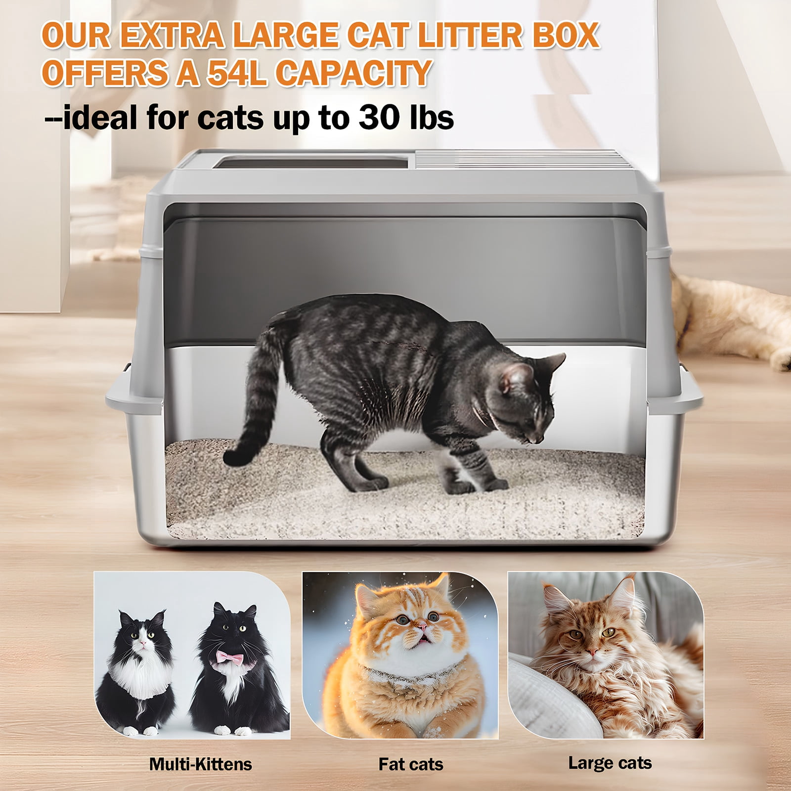 Furrbby Covered Stainless Steel Litter Box, Large High Side for Cat, Grey