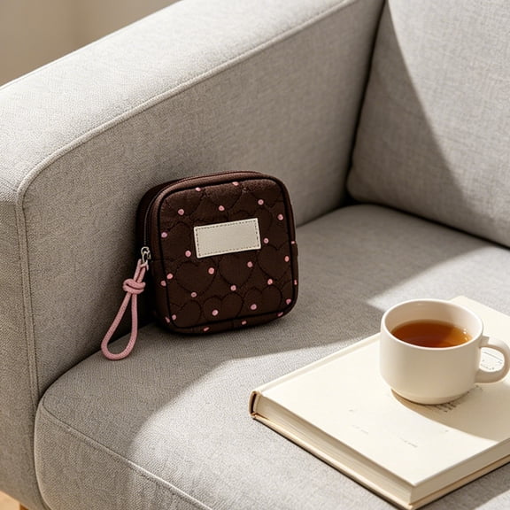 Heart Dots Sanitary Napkin Storage Pouch, Portable Mini Fabric Period Bag for Teens, Discreet Makeup Coin Purse for Campus Travel, Cute Zipper Closure