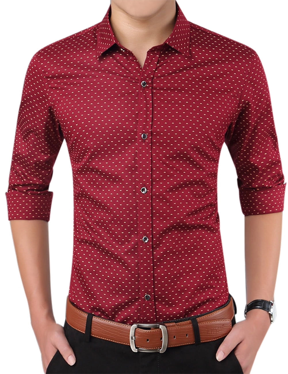Cotton Polka Dots Print Slim Fit Button 