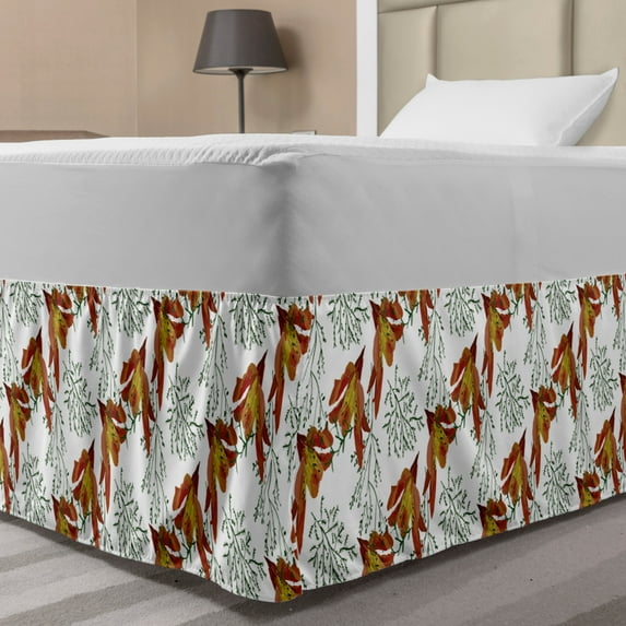 Floral Bed Skirt, Botanical Illustration of Hand Painted Lily Flowers and Leaves on Plain Background, Elastic Bedskirt Dust Ruffle Wrap Around for Bedding Decor, 4 Sizes, Multicolor, by Ambesonne