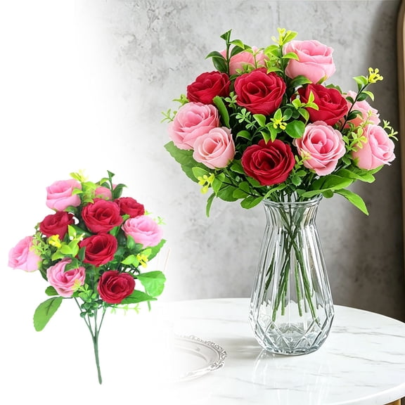 Artificial Rose Bouquet, 33cm Flower Bundles with 5 forks and 10 Heads for Home, Wedding, and Restaurant Decor - Pink