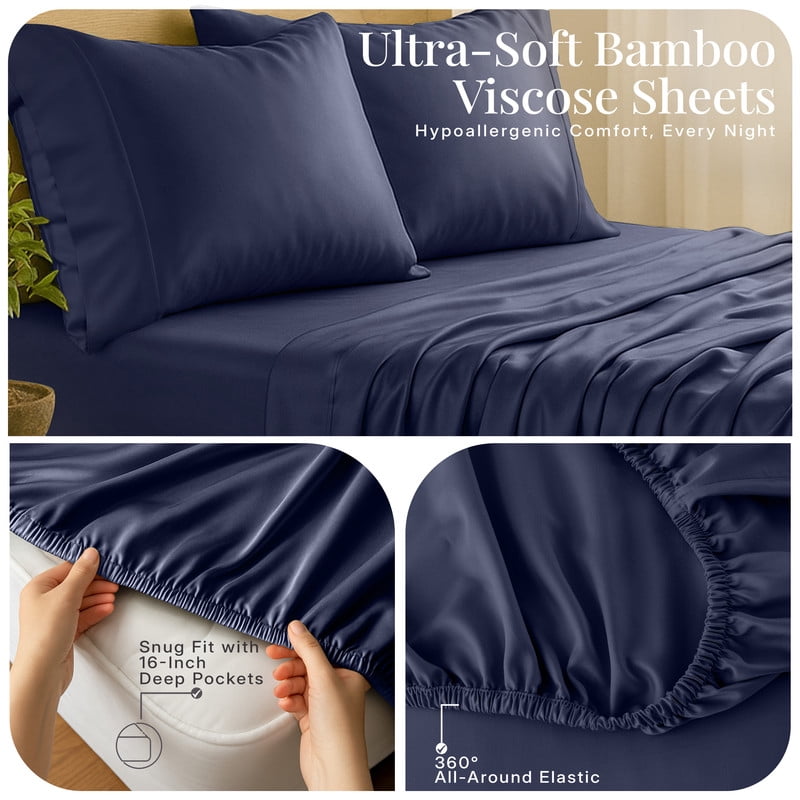 Lux Decor 100% Organic Viscose from Bamboo Sheets Set King - 4 Piece Ultra-Soft Luxury Cooling Bed Sheets, 16" Deep Pocket, Breathable & Hypoallergenic - Navy Blue
