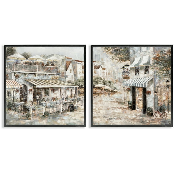 Stupell Industries Town Bistros Architecture Scenic & Cityscapes Painting Black Framed Art Print Wall Art, 12 x 12, Set of 2