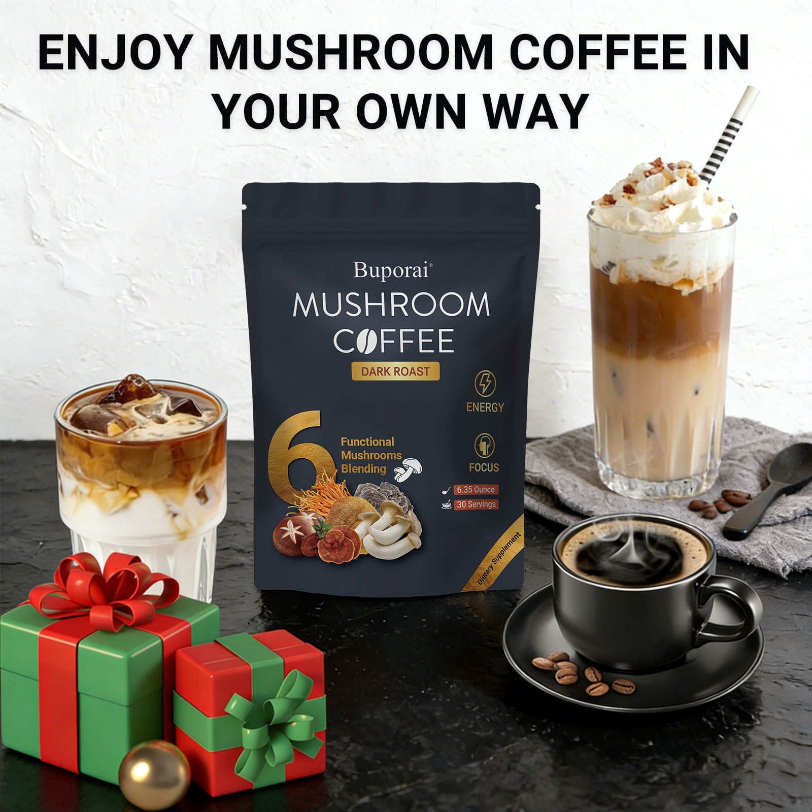Mushroom Coffee Dark Roast - with 6 Mushrooms & Instant Coffee - Lion’s Mane, Cordyceps - for Energy, Focus, Digestion - 30 Servings
