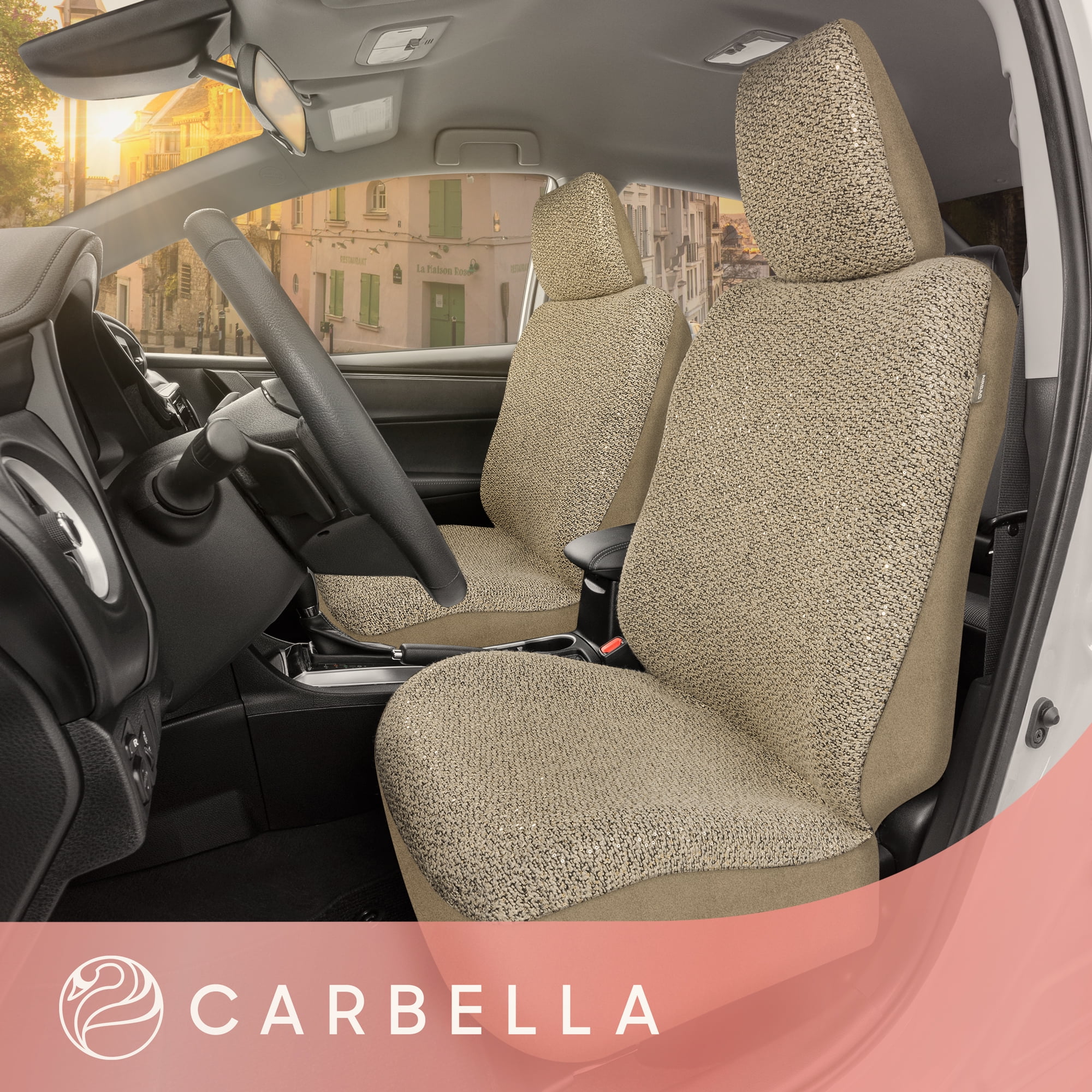 Carbella Sequin Tweed Bling Car Seat Cover for Women, 1 Piece Beige