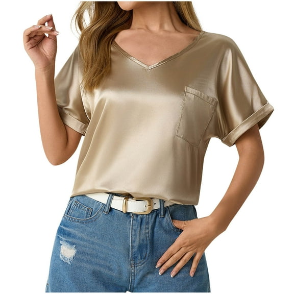 Perfectbot Womens Silk Satin Tops V Neck Short Sleeve Blouse with Pocket Office Bussiness Shirt