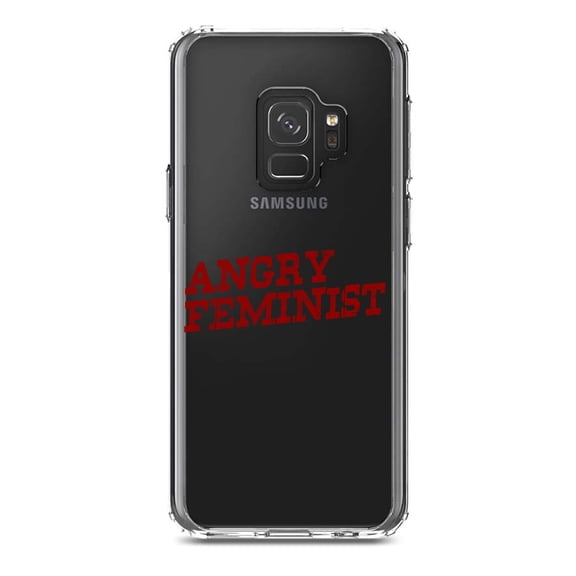 DistinctInk Clear Shockproof Hybrid Case for Samsung Galaxy S9 (5.8" Screen) - TPU Bumper Acrylic Back Tempered Glass Screen Protector - Angry Feminist