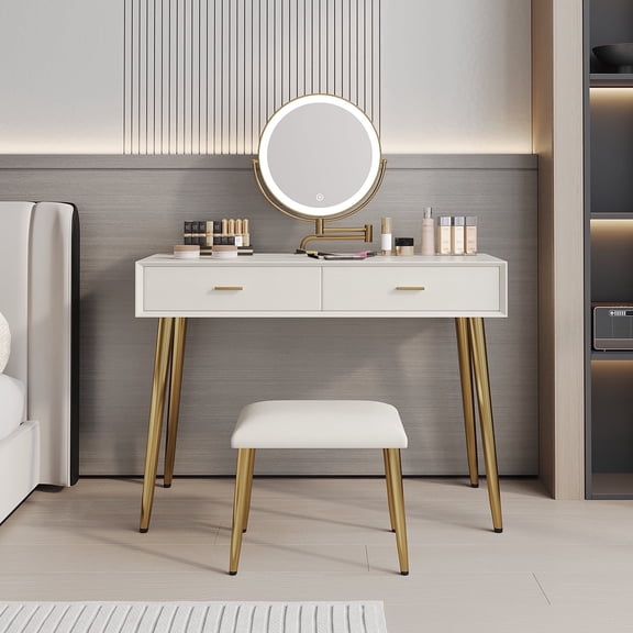 Vanity Set with Stool and Swivel Makeup Mirror, Leather Vanity with 2 Solid Wood Drawers, Modern Dressing Table with Illuminated Mirror, Beige