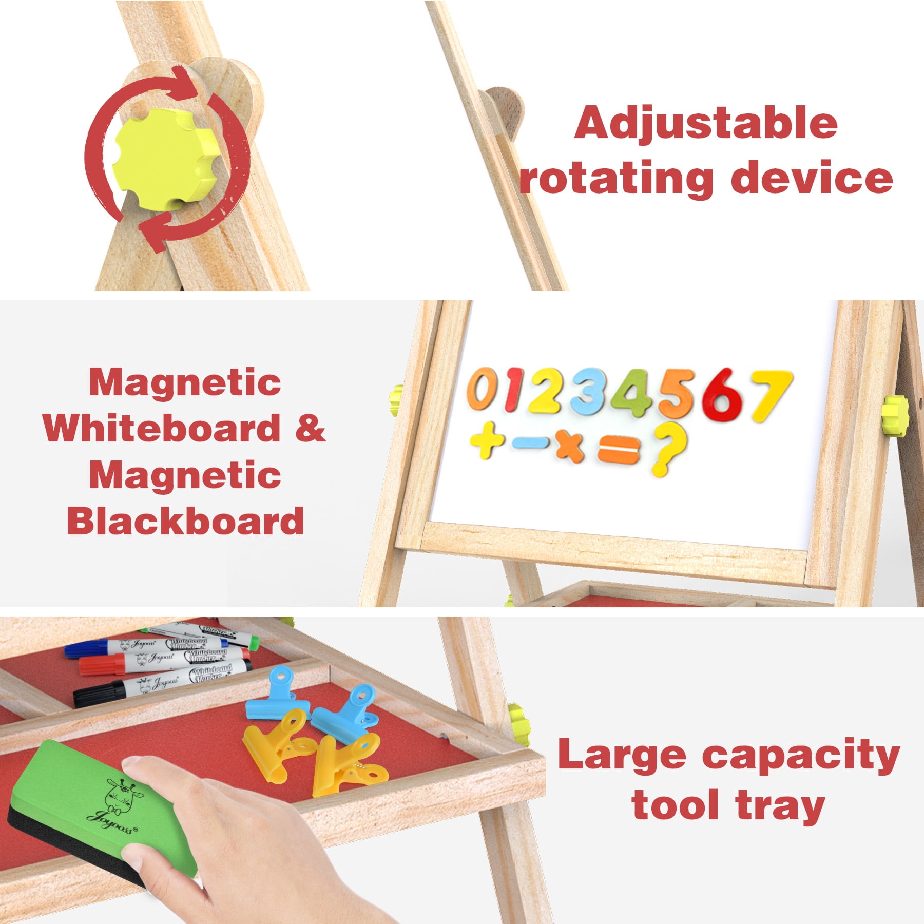 JOYOOSS 3-in-1 Kids Easel with Chalkboard & Whiteboard, Wooden Toddler Art Easel for Ages 4-12, Adjustable Magnetic Drawing Board with Markers & Eraser 105-Natural