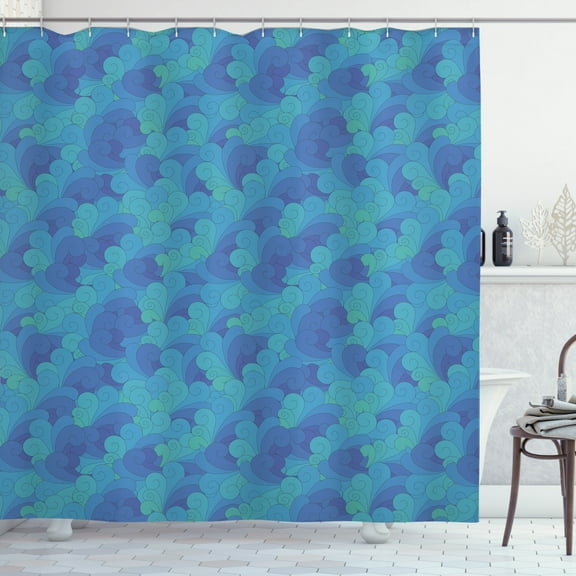 Wave Shower Curtain, Continuous Pattern of Doodle Like Ocean Sky Clouds Swirling Elements Abstract, Fabric Bathroom Set with Hooks, 69W X 84L Inches Extra Long, Dark Ceil Blue Blue, by Ambesonne