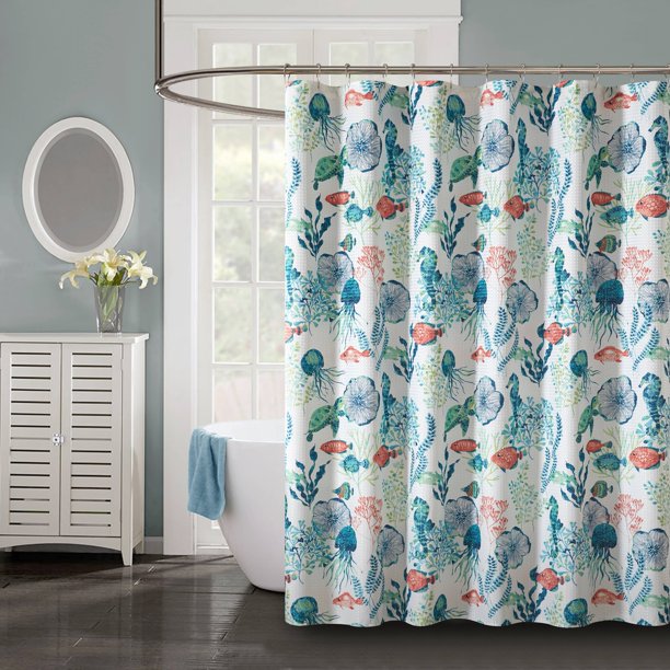Mainstays Textured Canvas Blue Coastal Waffle Shower Curtain, 72" x 72