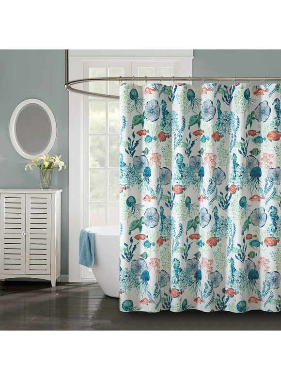 Mainstays Textured Canvas Blue Coastal Waffle Shower Curtain, 72" x 72" in, Polyester