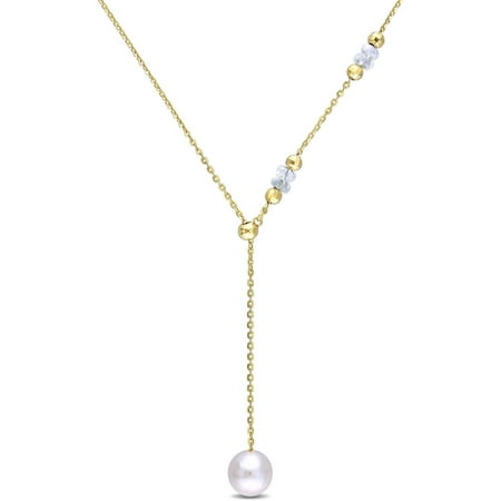 7.5-8mm White Freshwater Cultured Pearl and 1-1/2 Carat T.G.W. Moonstone Yellow Rhodium over Sterling Silver Y Shape Necklace, 18