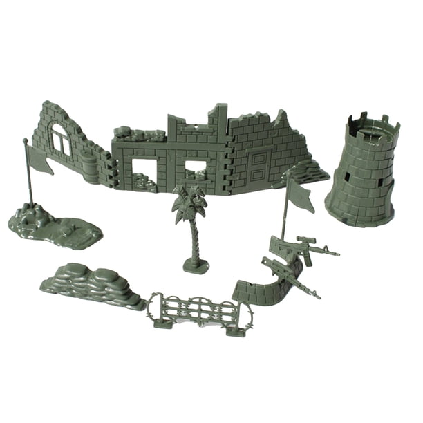 Juego de juguetes de valla militar, modelo de mesa de arena, saco de arena, valla perimetral, ruinas (verde militar)