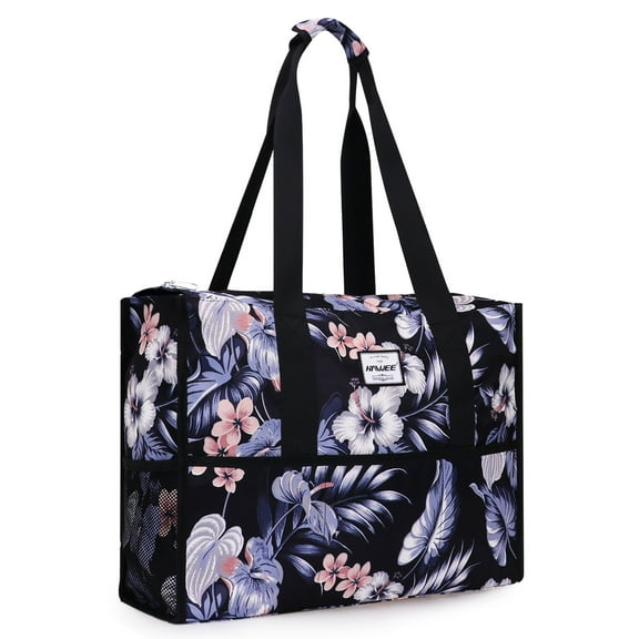 HAWEE Utility Zippered Tote Bag with Laptop Compartment and Luggage Sleeve for Nursing Work Travel 15 Pockets Water Repellent Commuter Bag, Hibiscus