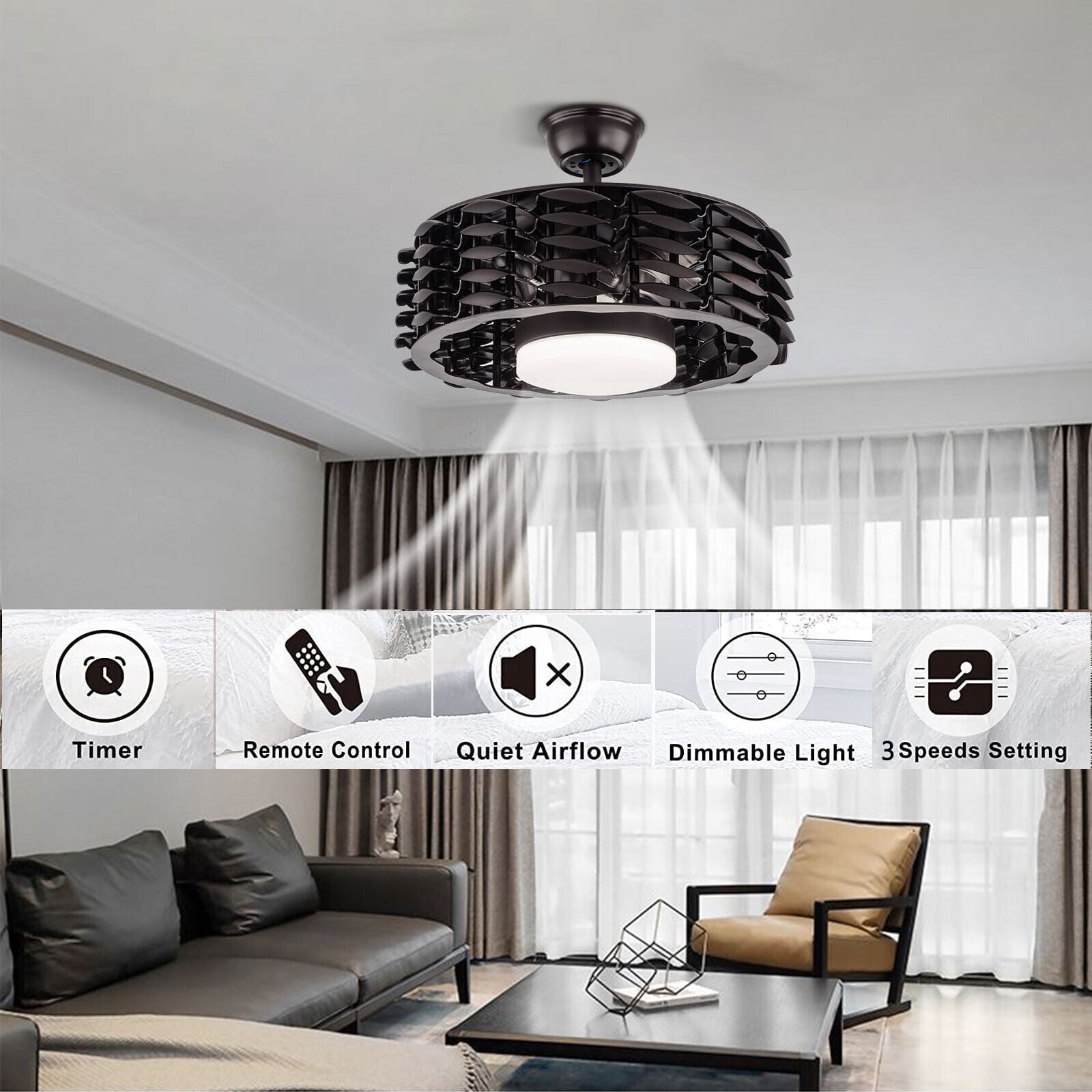22" Modern Ceiling Fan Light LED Bladeless Ceiling Fan + Remote Control Dimmable Pendant Lamp 3 Color 3 Speed Black