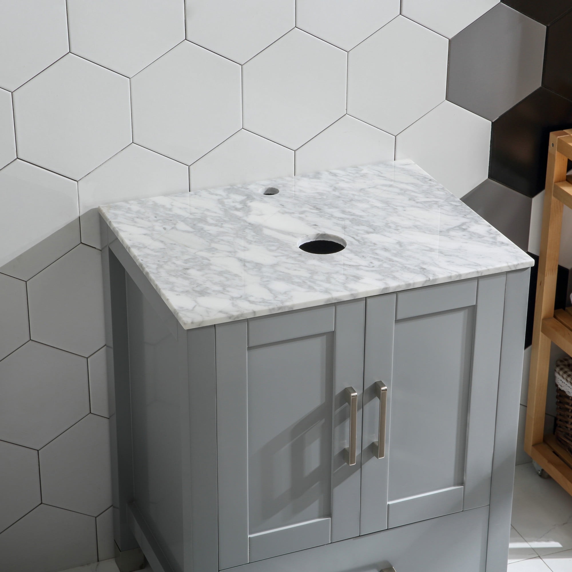 Goodyo 24"  Bathroom Vanity and Sink Combo Solid Wood Structure Marble Pattern Top Mirror, Faucet, Gray
