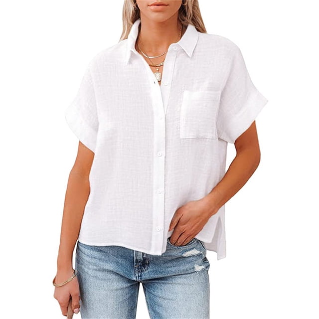 Qarigey Blusa de manga corta para mujer, camisa informal con botones de Color sólido, ropa de compras para vacaciones en la playa y banquete, Prendas para la parte del cuerpo Blanco S