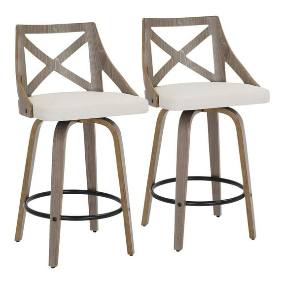 LumiSource Light Grey Wood, Cream Noise Fabric Charlotte Counter Stool - Set of 2