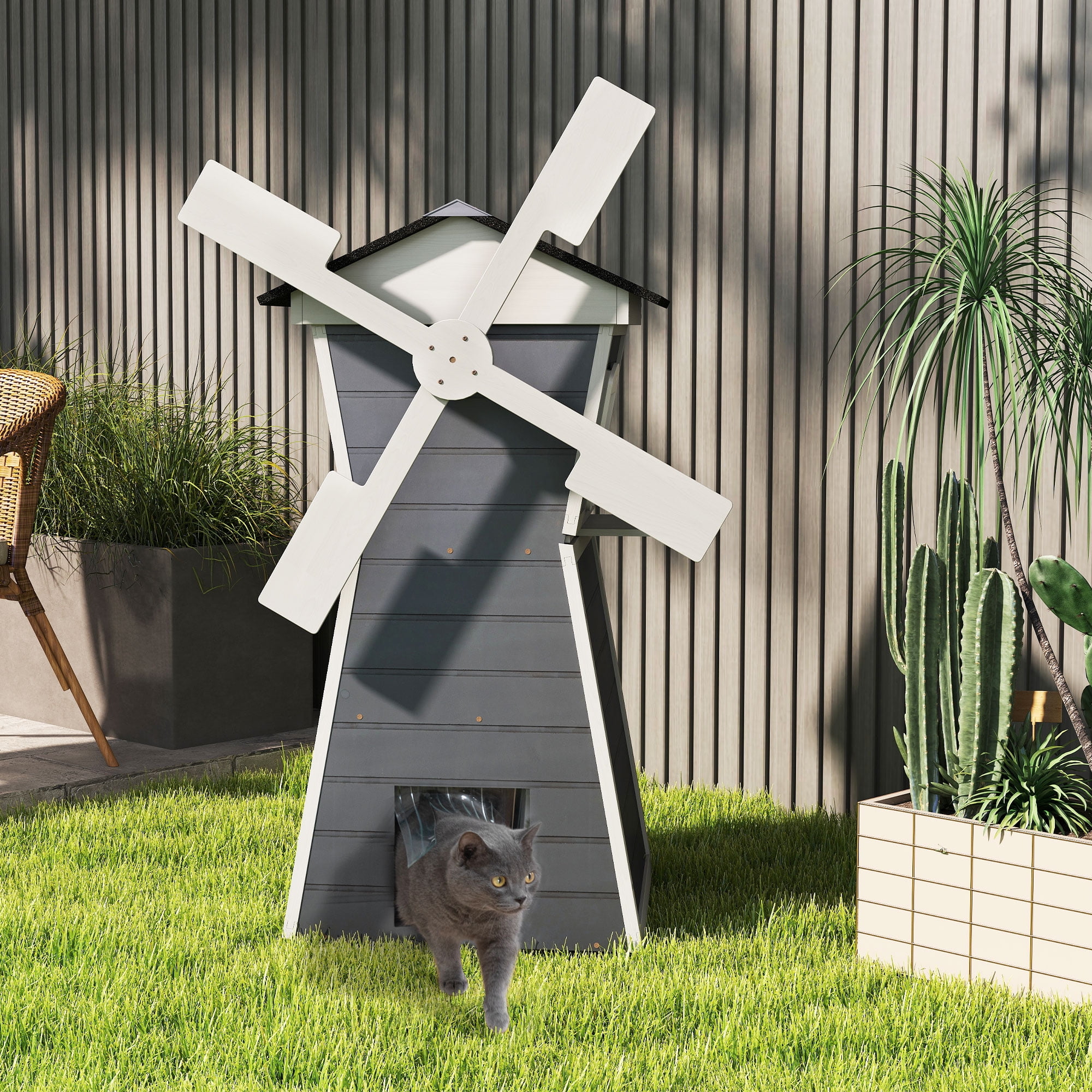Coziwow Outdoor Cat House, Two-Story Windmill-Shaped Kitty Enclosure with Waterproof Roof, Viewing Platform for Porch or Garden