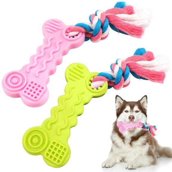 Syenll Puppy Chew Toys, 2 Pack Rubber Dog Teething Toys with Rope, Interactive Treat Set for Small Dogs Pets, Green Pink
