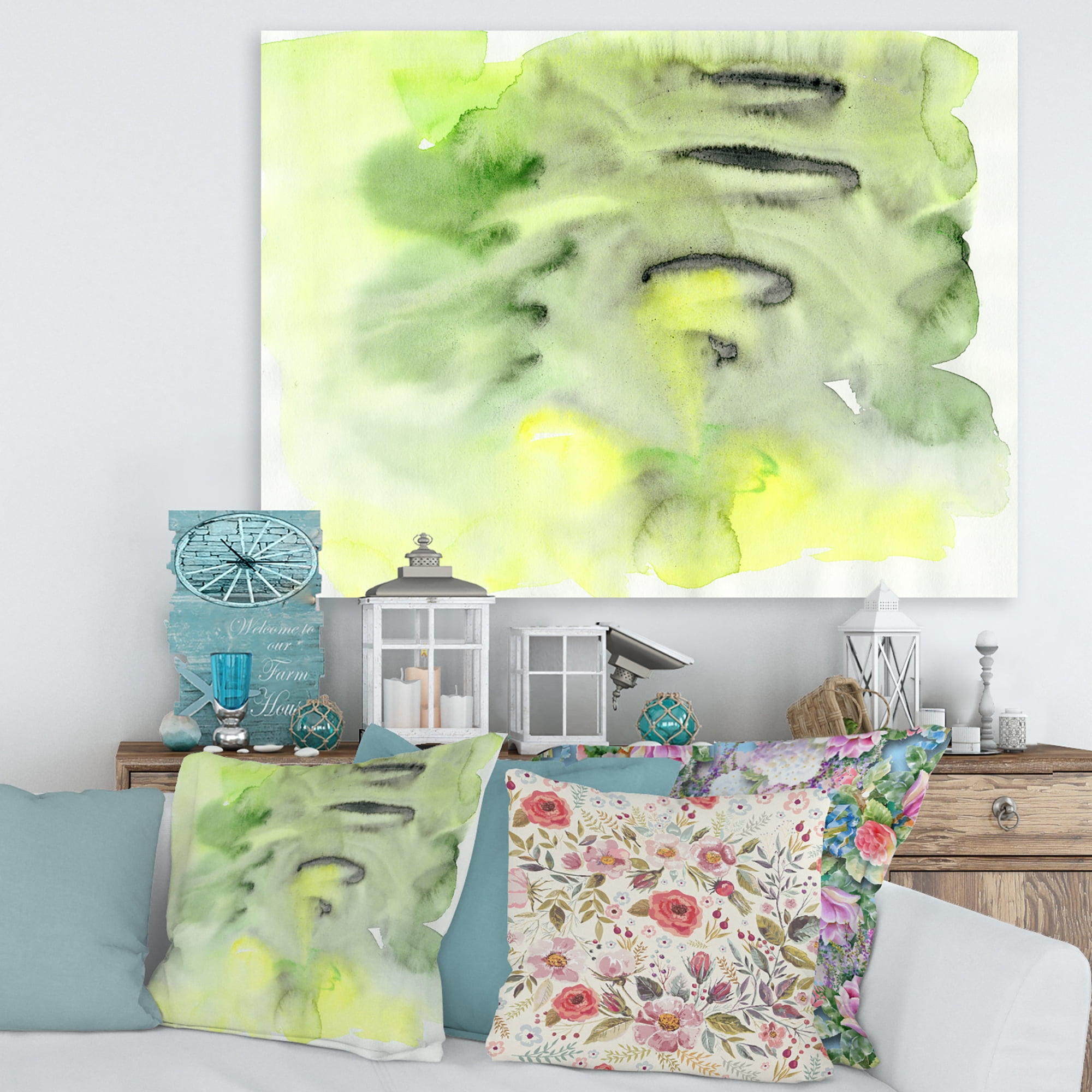 Designart ' Abstract Pond of Yellow and Green ' Modern Canvas Wall Art Print