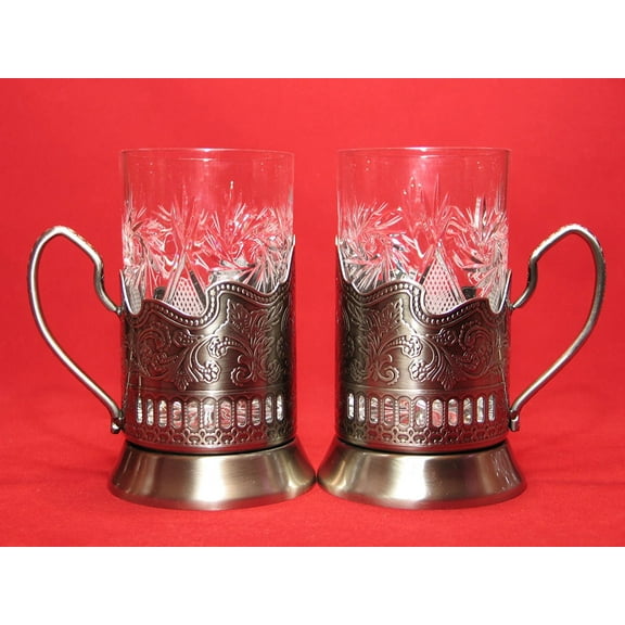 2 Old Fashioned Cut Crystal Drinking Glasses & 2 Matching Metal Glass Holders Podstakannik Suitable for hot/cold liquids
