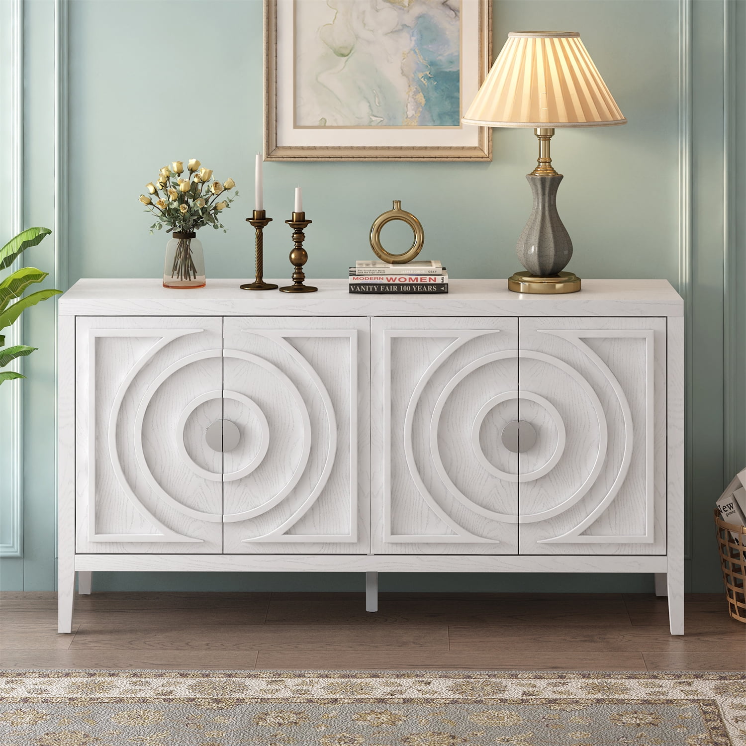Retro Wood Sideboard, Buffet Cabinet with Circular Groove Design, Round ...