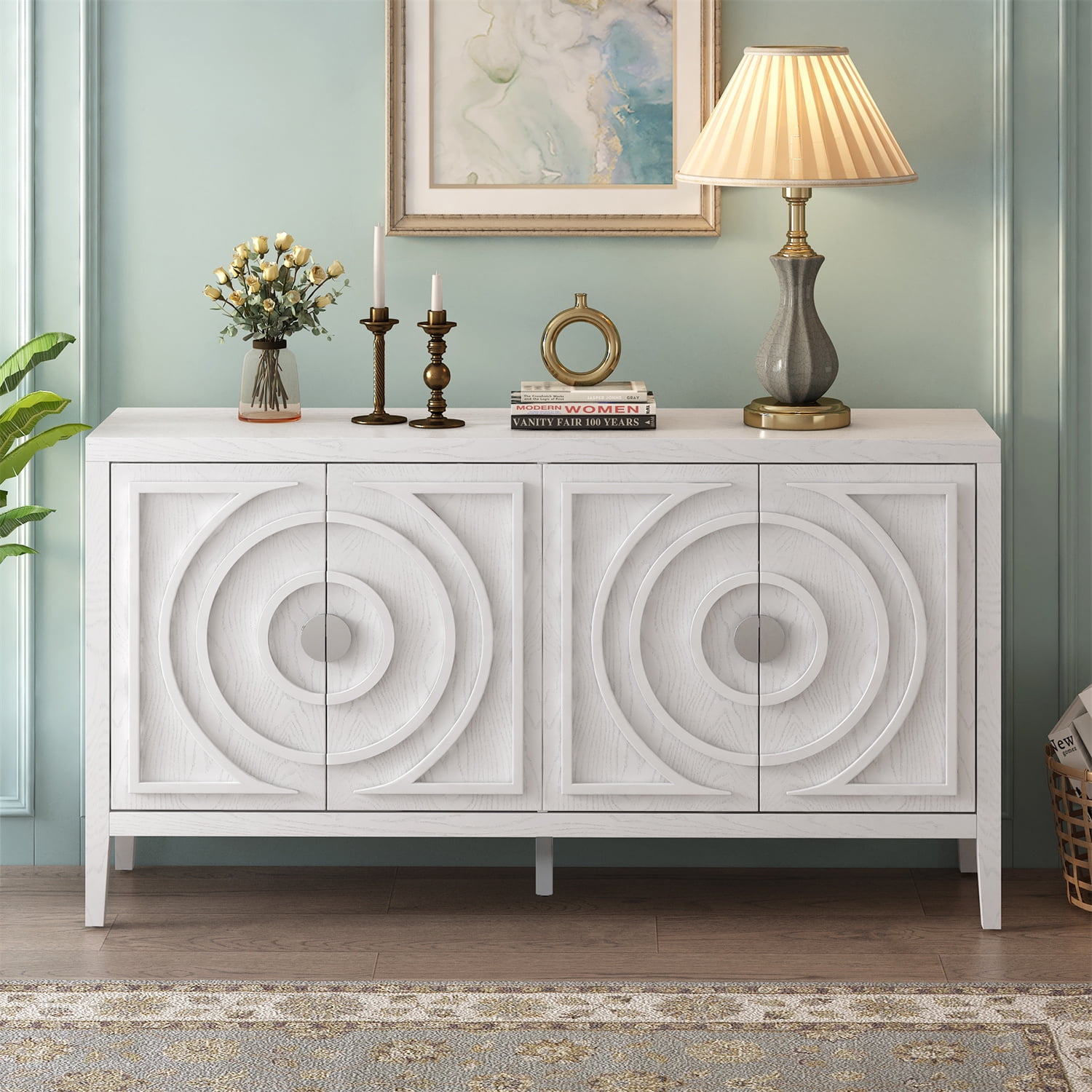 Retro Wood Sideboard, Buffet with Circular Groove Design, Round