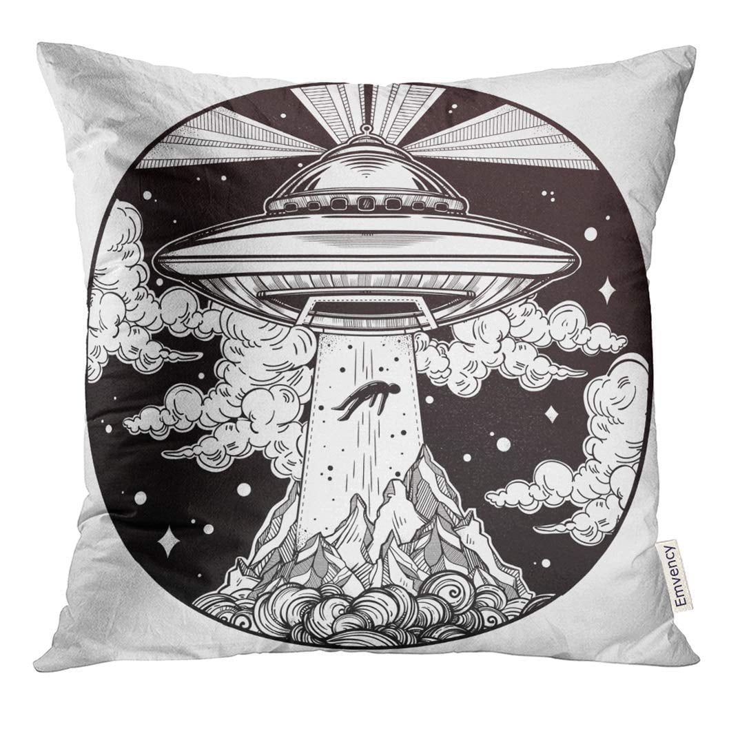 HGOD DESIGNS Alien Spaceship Throw Pillow Cover,UFO Abduction of A Human with Flying Saucer Icon Moon Mountain Black White Decorative Pillow Cases Square Cushion Covers for Home Sofa Couch 18x18 inch