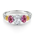 thumbnail image 2 of Gem Stone King 925 Sterling Silver and 10K Yellow Gold Oval White Topaz Pink Mystic Topaz and White Diamond 3 Stone Ring for Women (2.53 Cttw, Gemstone November Birthstone, Size 6), 2 of 3