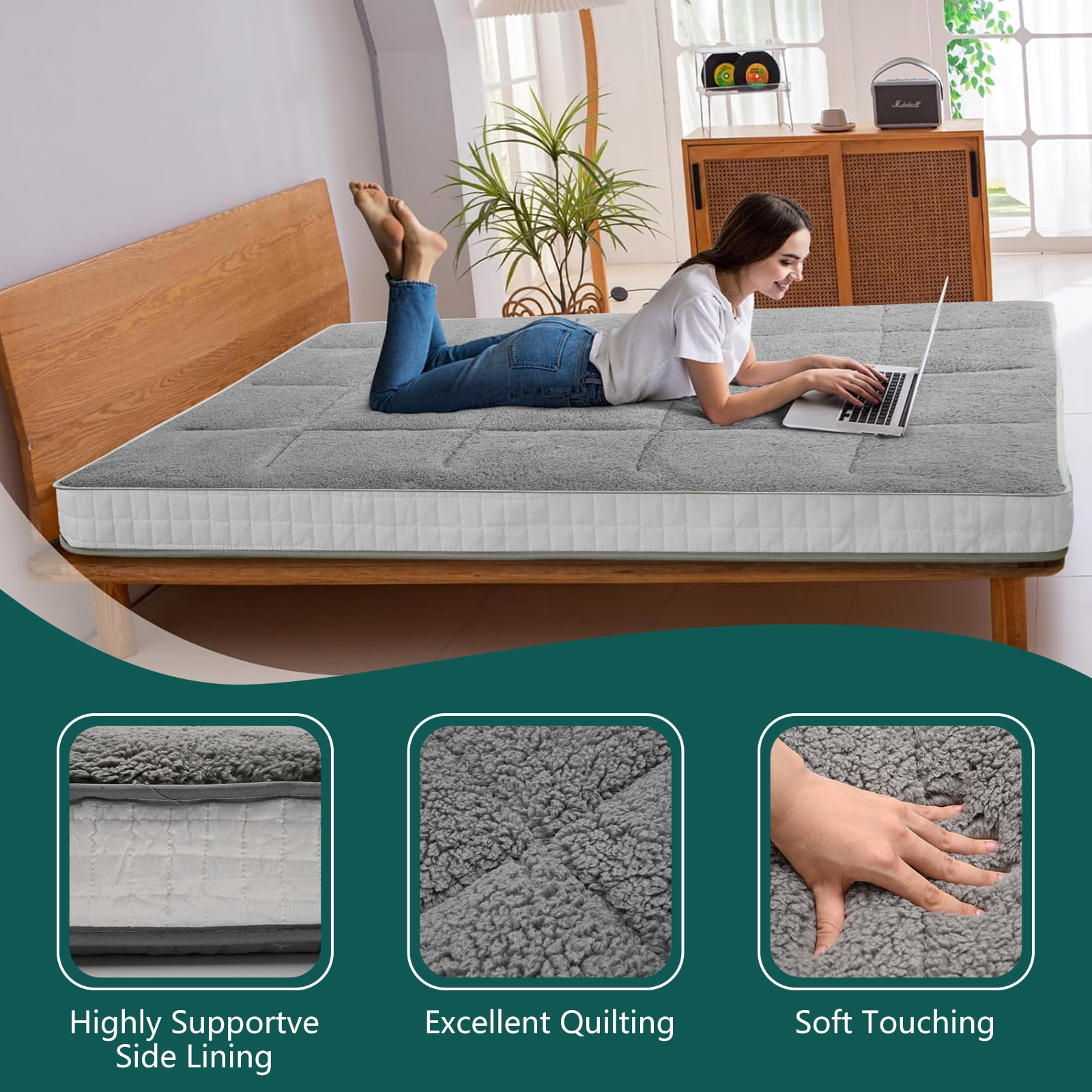 Slsy Sherpa Japanese Floor Mattress, Twin/Full/Queen Size Futon Mattress, 4'' Thicken 2 Sided Tatami Mat, Foldable Tatami Mat Portable Dormitory Sleeping Pad, Roll Up Floor Lounger Bed for Adult Child