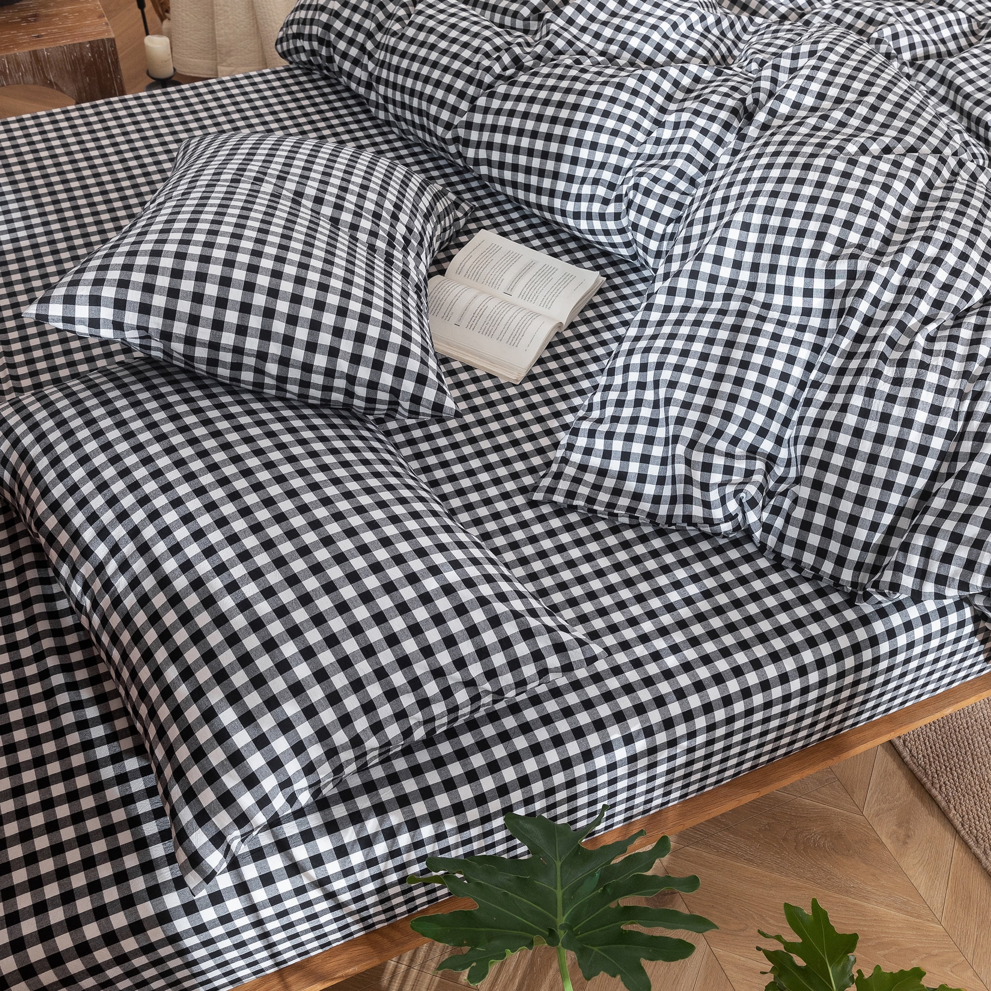 MooMee Gingham Duvet Cover Set King 100% Washed Cotton Linen Like Textured Breathable Lightweight 3-Piece (Black& White, 104"x90")
