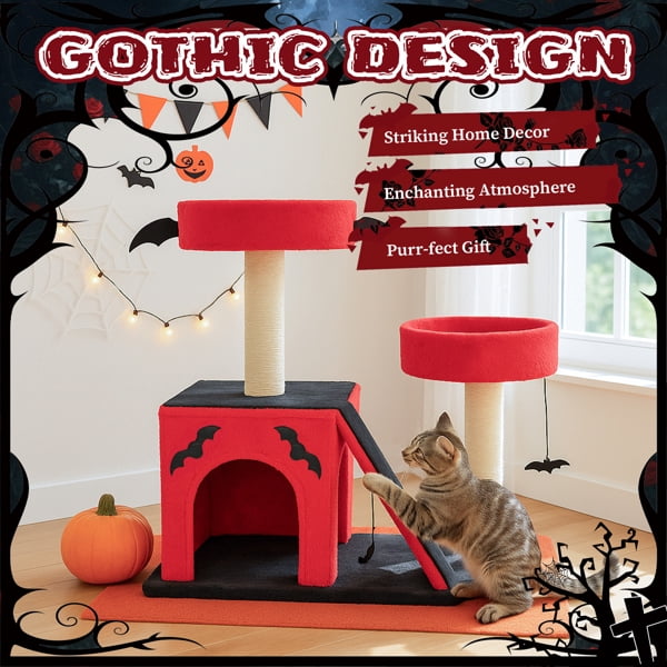 Alvantor Gothic Cat Tree Tower with Condo, Padded Perches & Scratcher, 26-inch, Red/Black