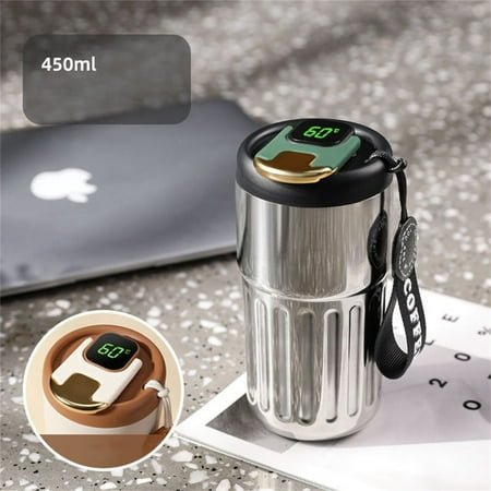 

Water Bottles Insulated Coffee Thermoes With Temperature Display 316 Stainless Inner Liner With Pp Lid And Silicone Seal Secure And Leak Proof Lid That Preventes Spills Or Leaks 450Ml