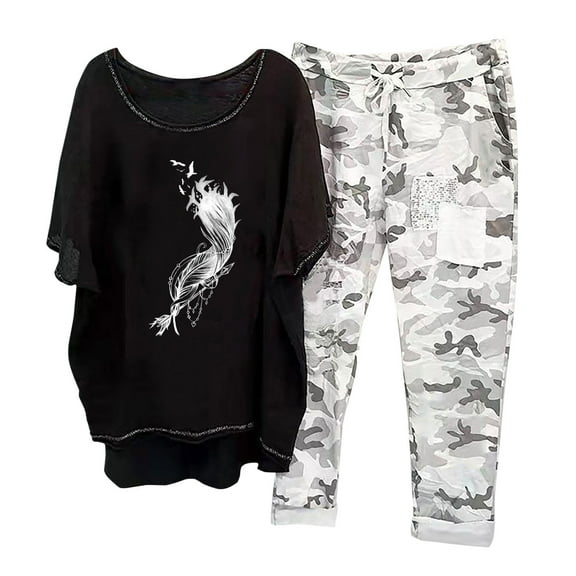 BLTIBY 2 Piece Sets for Women Summer Loose Short Sleeve Round Neck Shirts Wide Leg Drawstring Pants Set Fashion Outfits with Pockets Black 2 L