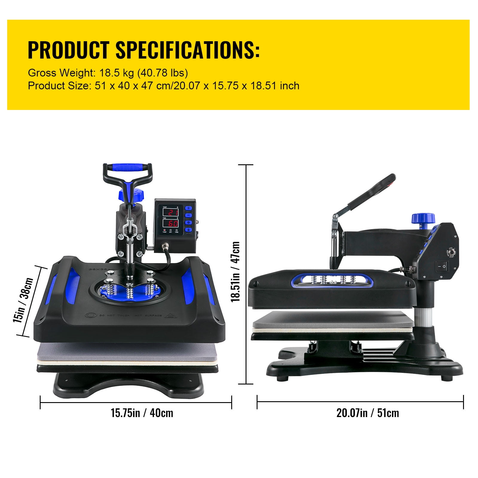 BENTISM Heat Press Machine 8 in 1, 15" x 15" 800W Dual-Tube Heating Press Sublimation Machine 360° Rotation Swing Away T-Shirt Printing Machine for DIY T-Shirts Cap & Mugs Blue