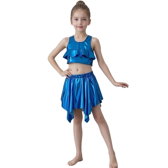 Dance Sparkly Blue Dance Sleeveless Ruffles Top and Sparkly Skirt Outfit Set Girls Disco Performance Dancewear 10-12 Years