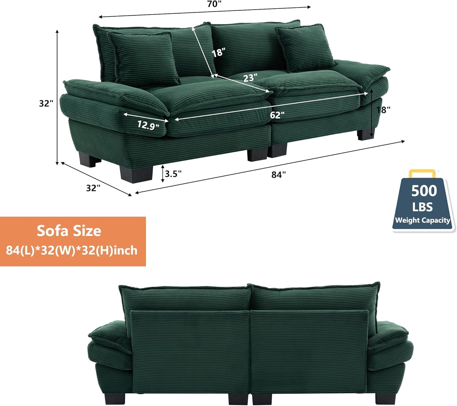 AENKYO 84" Corduroy Loveseat Sofa with Pillows, Modern 2-Seater Couch for Living Room,Green