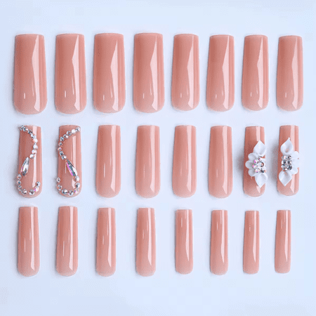 Body Treats By Shay XL Nude Bedazzled Luxury False Nail Set, Ballerina Shape with Rhinestones & White Flower, 24 Pieces