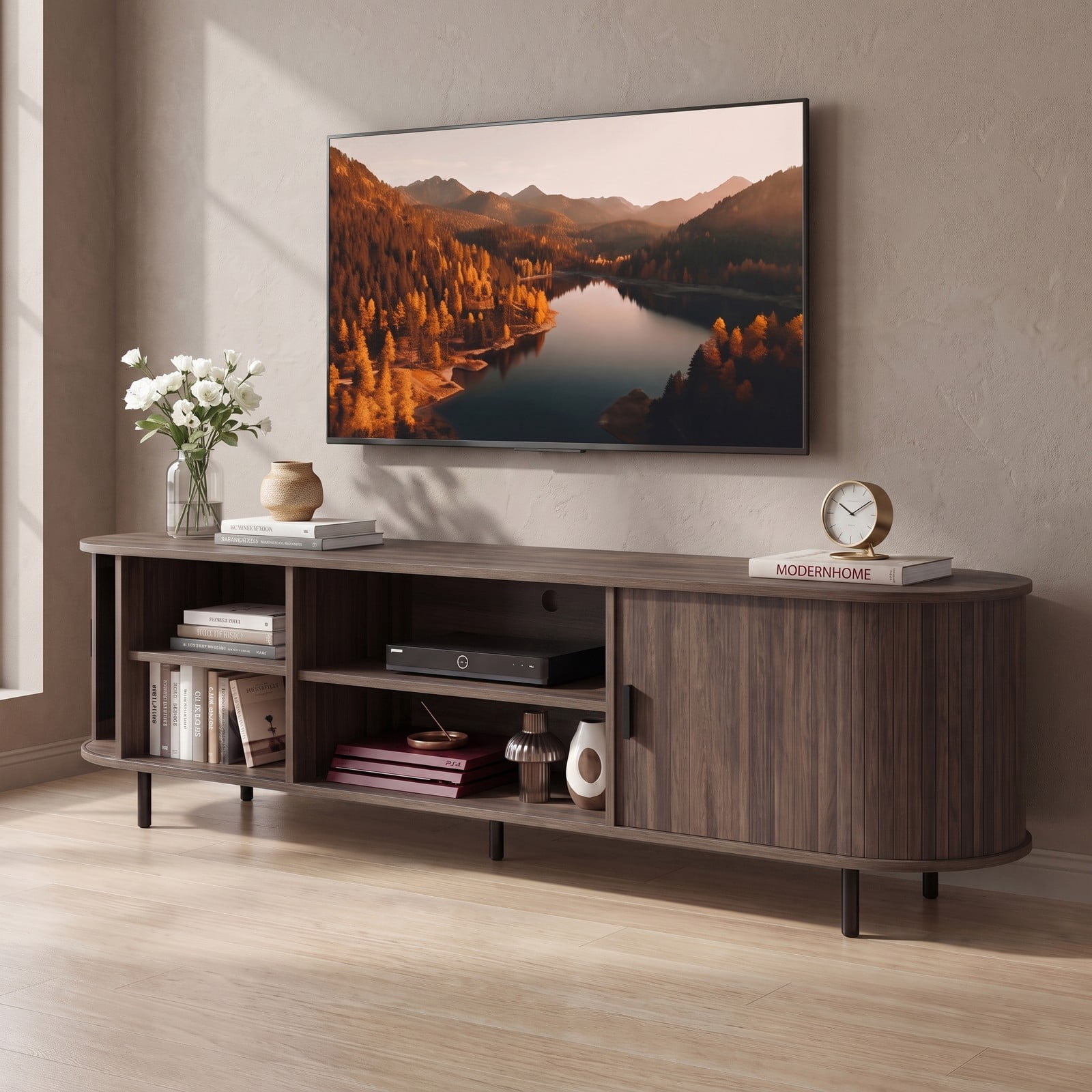Furnibear 80 Inch TV Stand Mid Century Modern Entertainment Center with Fluted Sliding Doors, Wood Media Console Table with Storage Shelves for Living Room, Walnut