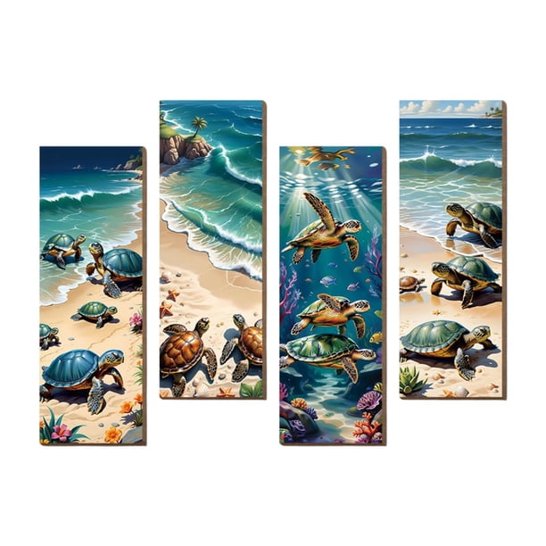 4 piezas de arte de pared de tortuga marina, imágenes de playa, artesanías realistas, obras de arte modernas , decoración de pared para habitac